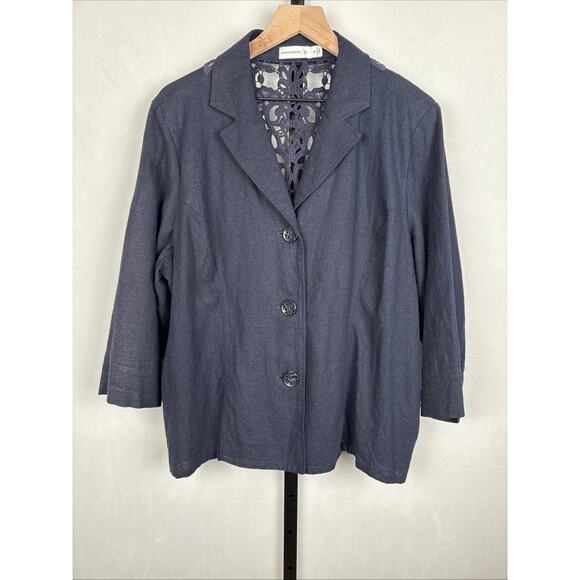 Susan Graver Linen Blend Blazer Jacket XL Navy Blue Crochet Detail Boho Classic - Picture 1 of 12